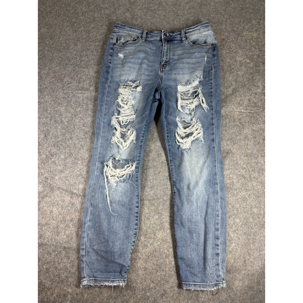 Judy Blue Jeans Womens 11/30 Boyfriend Fit Distressed Medium Wash Straight Ankle